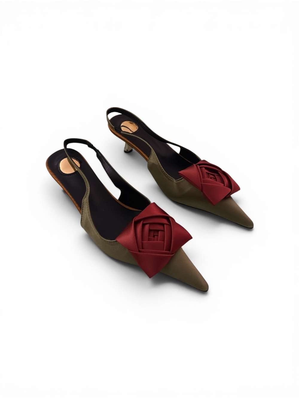 Women's Olive Green Slingback Pointed Toe Pumps with Red Rosette